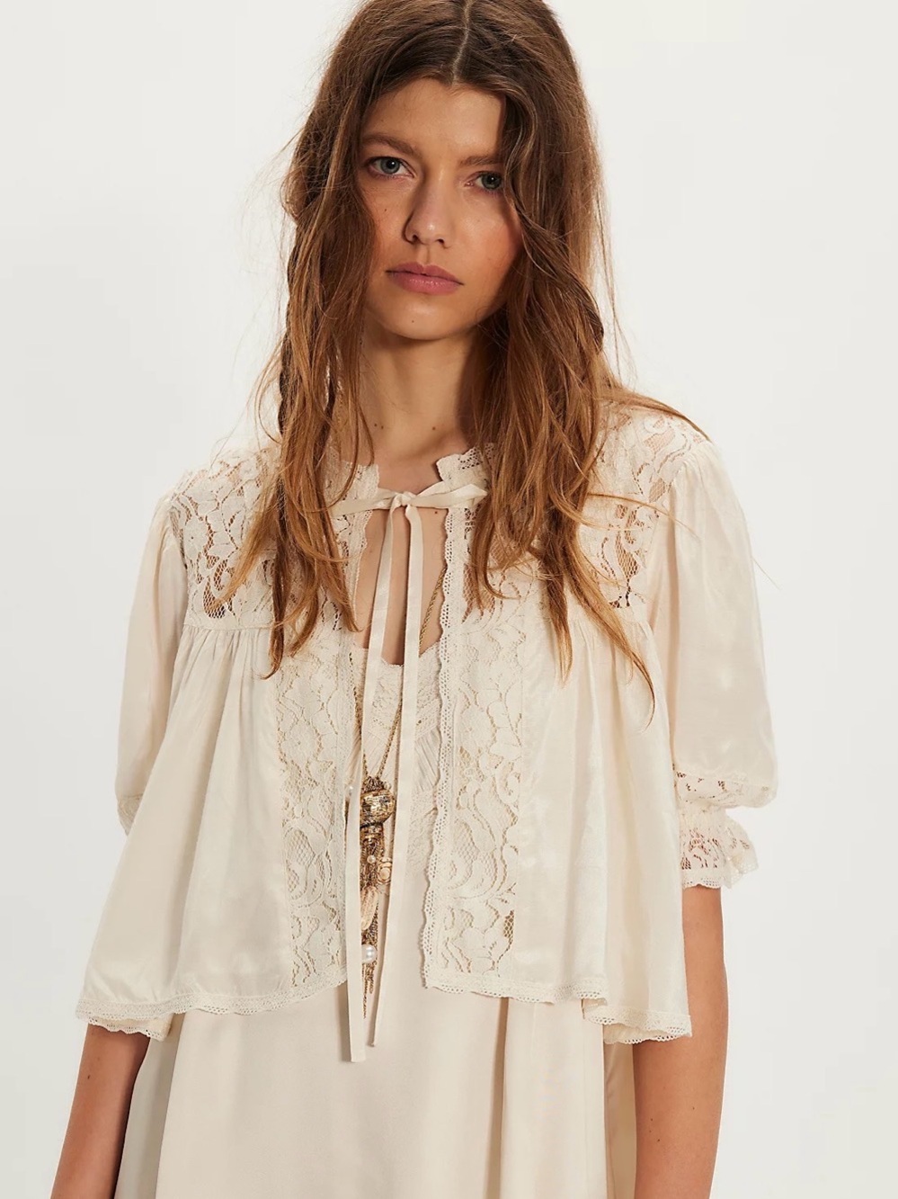 Free People Cream Lace Tie-Front Blouse